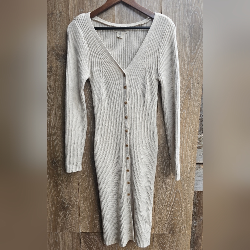 Long Sleeve Cotton Beige Button Down Ribbed Maxi Sweater Dress Large